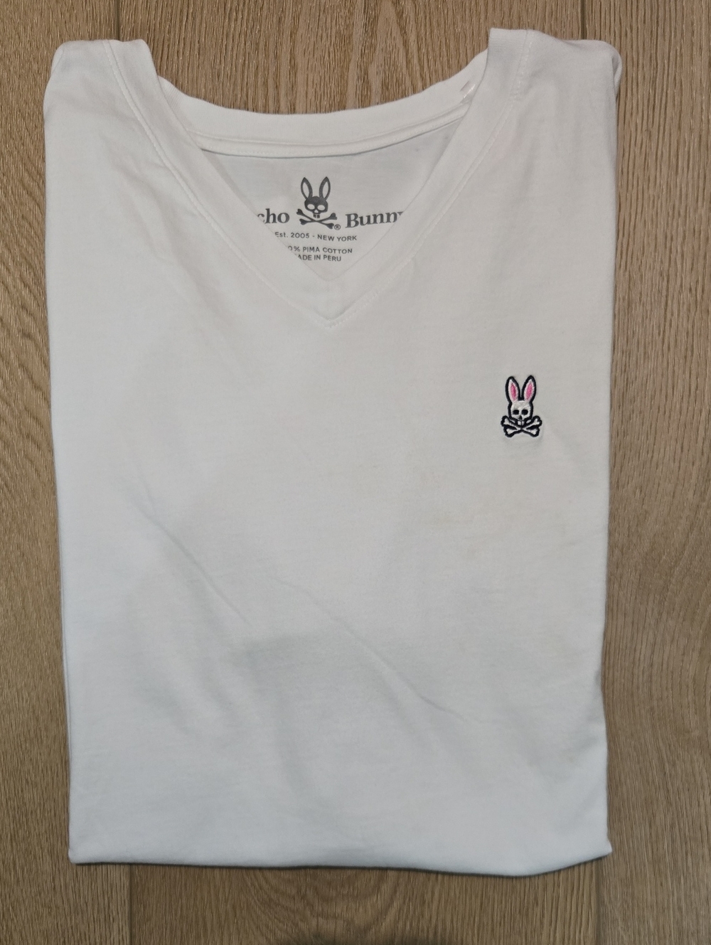 Psycho Bunny White V-Neck Tee with Embroidered Bunny